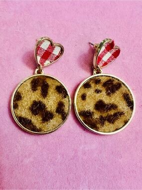 Leopard Print Heart Gingham Drop Earrings NWT